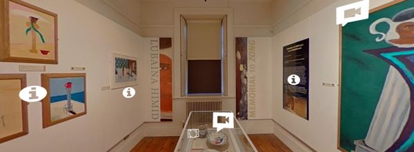 Screenshot from the virtual tour of the Memorial to Zong exhibition, showing various artworks on display, overlaid with icons indication that more information is available.